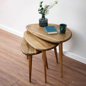 Walnut Wood Mid Century Modern <b>Round</b> Eco-friendly Handcrafted <b>Nested</b> Side <b>Tables</b> Set-Wholesale Furniture From India - Product Image 2