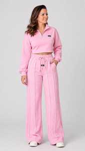 Conjunto deportivo informal de top corto rosa con media cremallera y pantalones anchos con cordón para mujer - Product Image 6