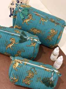 Niharo Women's Wholesale Custom Hand Block Print Cotton <b>Quilted</b> <b>Makeup</b> <b>Bag</b> Set 3 Travel Toiletry Cosmetic Pouch Organizer Teal - Product Image 3