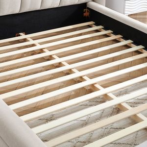 Letto matrimoniale imbottito con testiera in tessuto ciniglia spesso e piattaforma in legno massello - Product Image 5