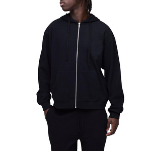 Sweat-shirt à capuche zippé noir pour homme, couleur unie, coupe classique, style décontracté automne, tissu tricoté 100% coton - Product Image 1
