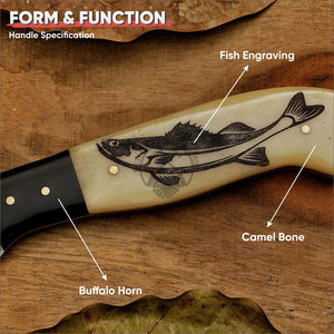 Couteau à filet en acier Damas fait main |   Couteau utilitaire de cuisine multi-usages ambidextre de 8 pouces |   Cadeau personnalisé avec poignée en os de chameau - Product Image 3