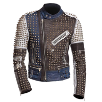 Veste en cuir d'hiver épaisse et lourde, entièrement cloutée, avec col montant et logo frontal, en cuir de vachette de haute qualité, vente en gros