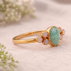 Brass Gold Plated Amazonite Stone Handmade Bohemia Christian Vintage Oval Gemstone <b>Ring</b> Delicate Stackable Womens Jewelry - Product Image 3