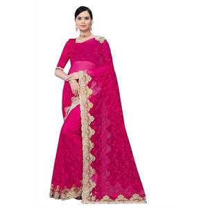 Sari de Fiesta con Trabajo de Diamantes en Tela de Red y Blusa Sin Coser, Color Rani - Product Image 1