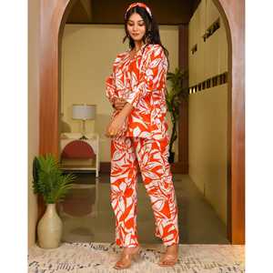 Conjunto de Cordón de Pana de Algodón Estampado Naranja Talla XS para Mujer Laurel - Product Image 1
