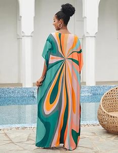 Robe Abaya Maxi Col V Manches Courtes Coupe Ample Motif Géométrique Ourlet Asymétrique Plage Été Femme Polyester Style Bohème - Product Image 4