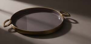 Wholesale Round <b>Pink</b> Enamel Metal Serving Tray Satin Gold Rim Oval Leaf Loop Handles Coffee Table Dessert Snack - Product Image 3
