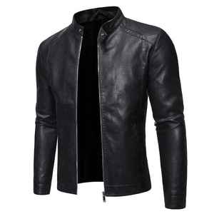 Veste en cuir véritable pour homme, col montant, fermeture éclair, coupe ajustée, style motard, vêtement d'hiver, imperméable et coupe-vent - Product Image 1
