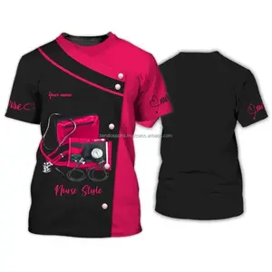 Summer New Pocket Femme T-shirts Clothing Stitch Disney Hospital Nurse Uniform V Neck T-shirt Uniform Pocket