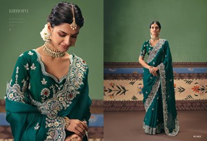 Emerald Green Silk <b>Saree</b> With Embroidered Border Traditional Indian Wedding Wear For Women Floor-Length Design - Product Image 4