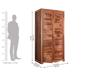 Armario Independiente de Madera Maciza con Diseño de Elefante, Armario de Madera Marrón de 2 Puertas con 6 Estantes de Almacenamiento, Mueble Almirah - Product Image 5