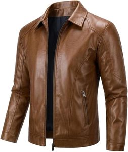 Men's <b>Slim</b> <b>Fit</b> PU Leather Moto <b>Jacket</b> Turn-down Collar Zipper Closure Solid Brown Regular Length Autumn Wear - Product Image 3