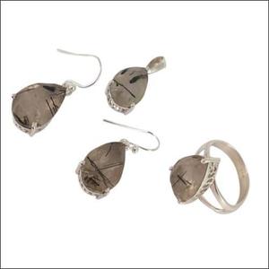 Deslumbrante conjunto de joyas de piedras preciosas de plata 925 Colección de piedras preciosas de energía rutilo negro - Product Image 1