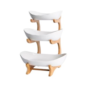 Juego de 3 cuencos ovalados de bambú de lujo con soporte de bambú, bandeja escalonada para frutas y postres, para decoración de fiestas, venta al por mayor. - Product Image 2