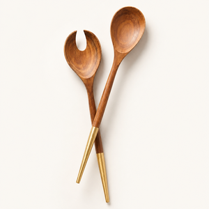 Luxury Modern Eco-Friendly Acacia Wood Salad Server Set <b>Gold</b> Brass Handles Handcrafted <b>Serving</b> <b>Spoon</b> Fork Home Hotel Tableware - Product Image 6