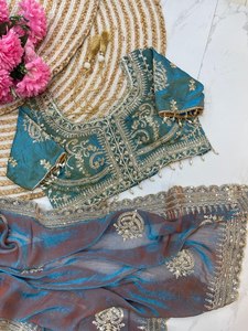 Sari Fendy Sartin pour femme, très doux et élégant, à l'aspect riche, avec de magnifiques broderies, travail de sequins de 3 mm, bordure lourde et motifs brodés, fabriqué en Inde - Product Image 5