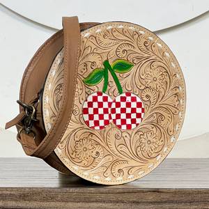 2026 Checkered Cherry Design Hand Tooled Floral Round Crossbody Handbags Genuine Leather Evening Shoulder <b>Bags</b> for Daily Use - Product Image 4