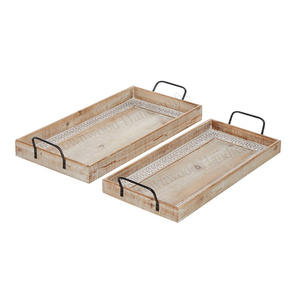 Good Quality Restaurant & Hotel Supplies Hand Carved Mango Wood Serving <b>Tray</b> <b>with</b> Metal <b>Handles</b> Set of 2 from Indian Exporter - Product Image 1