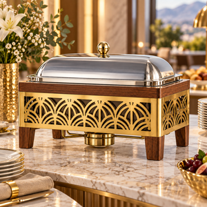 Casserole de luxe en acier inoxydable avec support en bois doré ajouré, diamètre 24 cm, chauffe-plat isolé pour banquets et traiteurs - Product Image 4