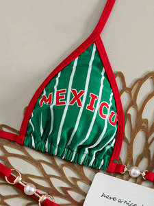Mexico Colors <b>Bikini</b> <b>Set</b> Women Green <b>White</b> Red Striped Soccer Fan Triangle Halter Tie Side Ring Detail Two Piece - Product Image 2