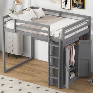 Letto a soppalco a LED grigio chiaro per bambini, in legno, con armadio integrato e mensole portaoggetti - Product Image 3