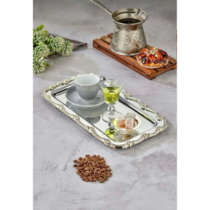 Silver & Gold Color Stainless Steel Hammered <b>Serving</b> Tray Rectangle Shape Decorative Metal <b>Platter</b> Food Safe Kitchen Accessory - Product Image 3