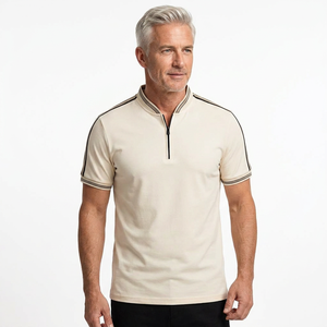 Polo à manches courtes pour homme, fermeture éclair, couleur unie, tricoté, style décontracté, beige - Product Image 6