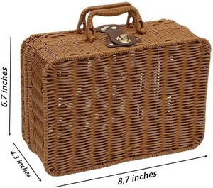 <b>Brown</b> PP Woven Rattan Picnic Basket <b>Storage</b> <b>Box</b> with Handle Lockable Lid for Camping Gift - Product Image 2