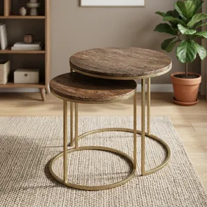 Ensemble de 2 tables gigognes en fer et bois, dessus en bois rond, tables d'appoint modernes pour salon, chambre à coucher, décoration de la maison - Product Image 3