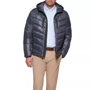 Men's Navy Blue Hooded Sherpa Lined Floral Puffer <b>Jacket</b> <b>Zipper</b> Closure Windproof Casual Winter Regular Fit Polyester Filling - Product Image 1