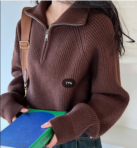 Suéter Corto de Punto para Mujer, Manga Larga, Cuello Alto, Cierre de Cremallera, Manga Farol, Color Sólido, Informal, para Invierno - Product Image 6