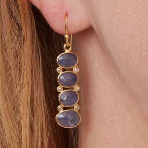 Boucles d'oreilles pendantes classiques en Tanzanite plaquées or sur argent sterling, faites à la main, pour femme, mariage, fiançailles, anniversaire - Product Image 2