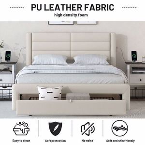 Queen Size Leather Upholstered <b>Bed</b> <b>Frame</b> with Drawer Storage and Charging Station Beige <b>Platform</b> Up-Holstered <b>Bed</b> - Product Image 4