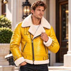 Mens Blue for Embossed Genuine <b>Leather</b> Biker Jacket <b>Fur</b> Collar Silk Lining Breathable Winter Motorcycle <b>Coat</b> OEM - Product Image 2