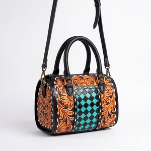 Bolsa de Viaje de Cuero Genuino de Lujo, 7 Pulgadas, Diseño Floral Naranja y Azul Verdoso a Cuadros, Cierre de Cremallera, Hecha a Mano - Product Image 3
