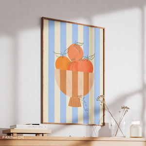 Illustration de bol de fruits aux couleurs estivales italiennes, oranges dans un bol, rayures bleues verticales, décoration murale vibrante pour salle à manger - Product Image 3