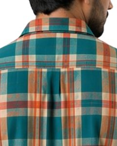 Camisa casual a cuadros azul verdoso y naranja personalizada para hombre, corte ajustado, manga larga, con botones, de algodón, elegante, de calidad premium. - Product Image 5
