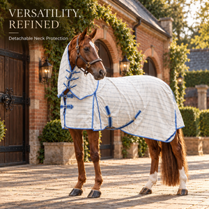 Couverture de cheval polyvalente détachable avec tissu Ripstop double diamant |   Boucles de cou réglables avec garniture bleue et sangle de sécurité - Product Image 2