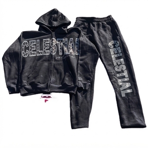 Ensemble sweat à capuche et pantalon de survêtement décontracté pour femme avec fermeture éclair, imprimé pailleté et lettres en strass, idéal pour l'automne - Product Image 1