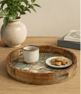 Handmade Round Wooden Serving Tray with Bird Floral <b>Print</b> Decorative Tea <b>Coffee</b> Serving Tray - Product Image 4