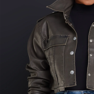 Women's PU <b>Leather</b> Moto Jacket Stand Collar Full Sleeve <b>Short</b> Cropped Biker Style Solid Color Autumn Wear - Product Image 5