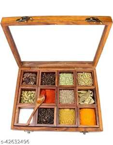 Handcrafted Wooden <b>Spice</b> <b>Box</b> with 12 Compartments & Glass Lid | Traditional Masala Organizer Sheesham Wood Kitchen Storage - Product Image 5