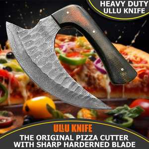 Custom Handmade Damascus Steel Pizza Cutter Wheel Ulu Knife Premium Wooden Handle Kitchen Axe with Genuine Leather Sheath - Product Image 4