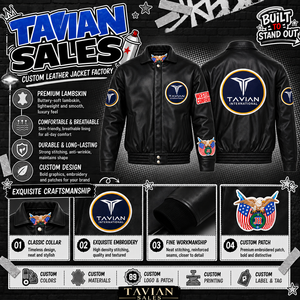 เสื้อแจ็คเก็ตหนังแท้สีดำสำหรับผู้ชาย ยี่ห้อ TAVIAN International ปักลายหนังแกะแท้  แบบ Western Conference ด้านหน้า - Product Image 4