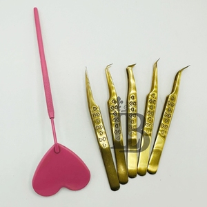 High Demand Golden Color <b>Long</b> Isolation Curved Tip with 90 Degree Boot Volume Eyelash Extension Tweezers Anti <b>Slip</b> Heart Handle - Product Image 3