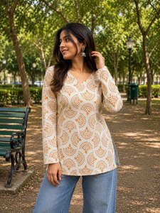 Trendy Pure Cotton Kurti With Leaf Print Loose Fit Midi Length Casual Wear For India Pakistan Style All Seasons <b>White</b> With - Product Image 6