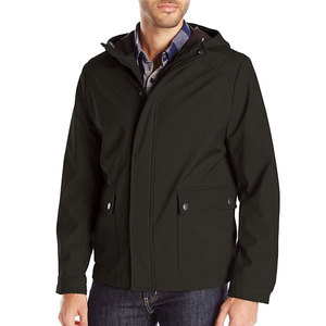 Veste imperméable à capuche pour homme avec fermeture éclair et poches, couleur noire unie, vêtement d'extérieur décontracté pour l'automne - Product Image 1
