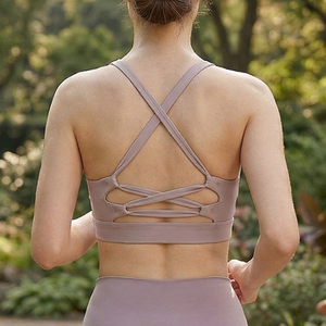 Nylon Sports Bra with <b>Tight</b> Fit Plaid <b>Pattern</b> Light Support Non-adjusted Straps 220g for Women's Body-Sculpting Training - Product Image 2