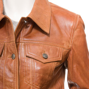 Women's Genuine Leather <b>Trucker</b> <b>Jacket</b> Turn-down Collar Full Sleeve Solid Color Button Closure Wholesale Factory - Product Image 5
